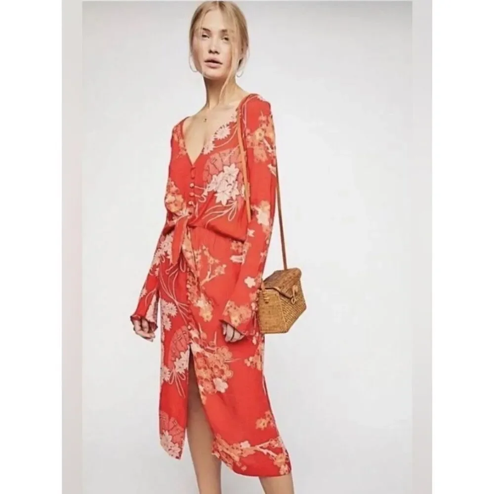 Free People hot pepper combo mixed print twist button front midi dress women’s S